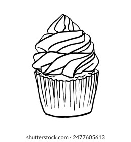 Cupcake line art hand drawn style doodle drawing black and white. Sketch of fresh baked muffin, engraved pastry vector illustration. Sweet dessert pie or cookie ink drawing for design