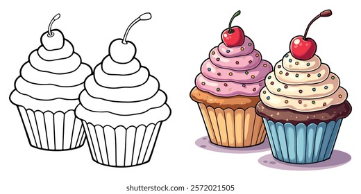 Cupcake Line Art Vector Illustration Black and White with Coloring Sample. Bold and Easy Food, Sweets, Drinks, Dessert, and Snacks Coloring Pages for Adults and Kids.