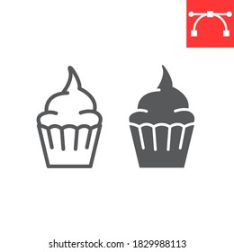 Cupcake line and glyph icon, dessert and cake, muffin sign vector graphics, editable stroke linear icon, eps 10