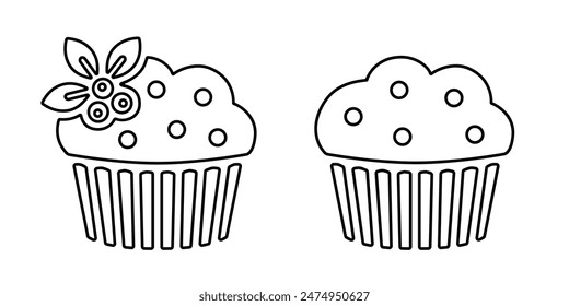 Cupcake line icon, black outline isolated on white. Berry cupcake decorated with blueberry or muffin with chocolate pieces. Vector clipart sign or minimalist logo for food design, bakery illustration.