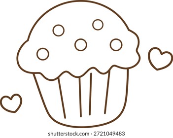 Icono de línea de cupcake con chips de chocolate y un corazón.