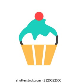 Cupcake line icon isolated on white background. Muffin logo. Cream cherry snack in yellow cup. Homemade gourmet treat for holiday celebration birthday party. Bakery sign. Dessert vector illustration.