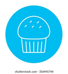 Cupcake line icon for web, mobile and infographics. Vector white icon on the light blue circle isolated on white background.