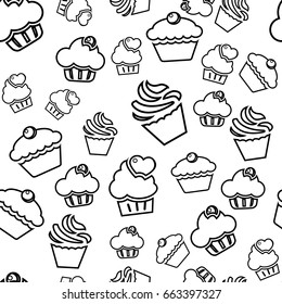 Cupcake line illustration for menu, cards, patterns, wallpaper. Seamless pattern