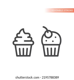 Icono de vector de línea de pastel. Muffin dulce con símbolo de cerezo delineado.