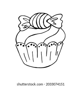Cupcake linear icon with candy, muffin in hand draw style. Vector illustration for your design. Outline drawing, coloring book. Sign, icon, sticker