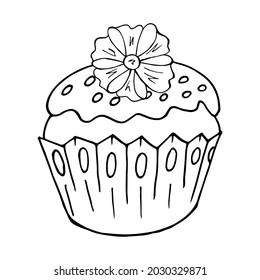 Icono lineal del pastel con flor, muffin en estilo de dibujo a mano. Ilustración vectorial para su diseño. Dibujo de esquema, libro de coloreado. Firma, icono, pegatina