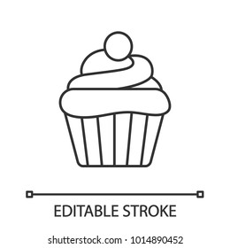 Cupcake linear icon. Thin line illustration. Muffin. Contour symbol. Vector isolated outline drawing. Editable stroke