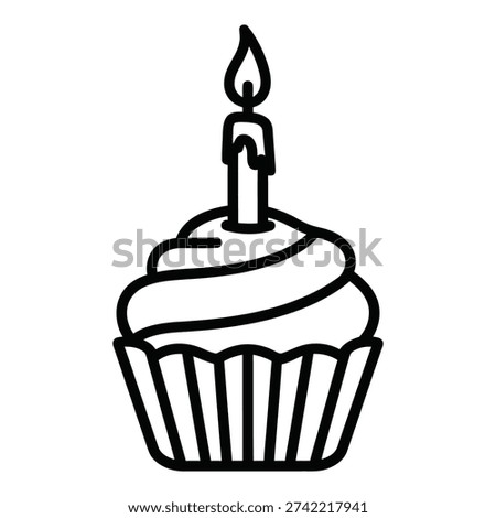Cupcake with a lit candle, outline vector illustration, celebrating birthdays and special occasions