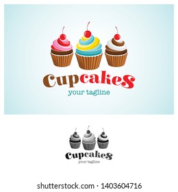 Cupcake logo with cherry topping. Valentine day gift present decoration. Vector illustration - Vector.