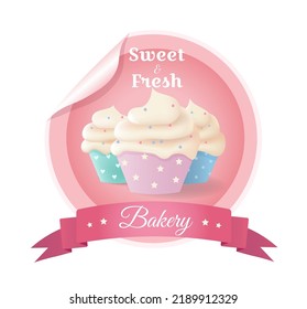 Cupcake Logo. Logo für Dessert und Bäckerei. Backgeschäft. Süßigkeiten und Desserts Werbung. Süßes Café Poster. Vektorgrafik.