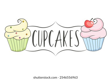 O logotipo do cupcake. Um rótulo simples desenhado à mão com cereja e baunilha cupcake. Modelo de vetor para rótulos, adesivos.