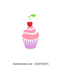 Cupcake. Logo. Sweet pastries. Isolated cupcake with cherry on white background. Cute birthday cake with cream