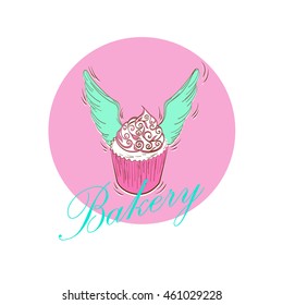 cupcake logo with wings, baked goods label, wings, pastel, pink background
