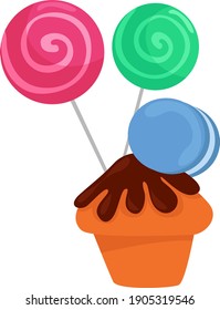 Cupcake with lolipops, illustration, vector on a white background.