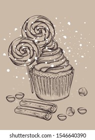 Cupcake with lollipops covered in snow. Cinnamon sticks, walnut and coffee beans on foreground. Christmas holiday sketch style vector