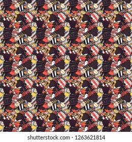Cupcake, macaron, shortbread. Cute birthday background on white, purple and black. Seamless pattern. Seamless background cakes. Watercolor illustration. Vector illustration.