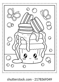 Cupcake With Macarons. Butterflies And Soap Bubbles. Kawaii Coloring Book. Sweets. Coloring Book. Black And White Illustration.