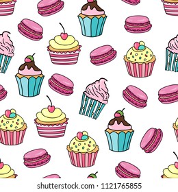 Cupcake and macaroon background. Seamless pattern with different cupcakes and macaroon on white background. Sweet background for wedding, birhday, greetings cards, web, print. Vector illustration.