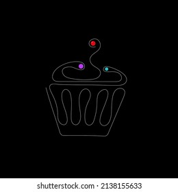 A cupcake made in the style of one continuous line on an isolated black background with bright elements.Vector illustration.