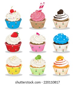 cupcake many flavour on white background