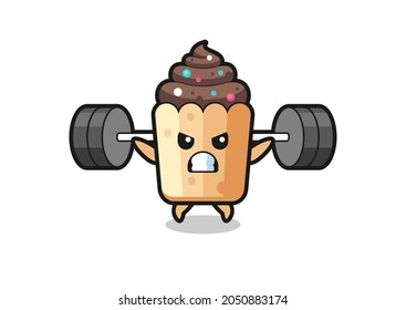 cupcake mascot cartoon with a barbell , cute design