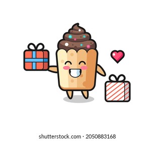 cupcake mascot cartoon giving the gift , cute design