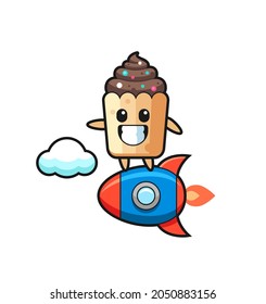 personaje de la mascota del quequito montando un cohete, diseño lindo
