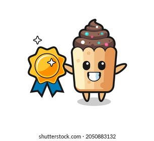 cupcake mascot illustration holding a golden badge , cute design