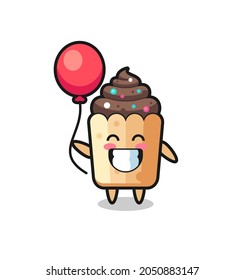cupcake mascot illustration is playing balloon , cute design