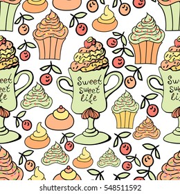 Cupcake, meringues, cherries and sweets vector seamless pattern. Background for Menu, party, paper, invitation.