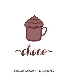 Сute cupcake milk chocolate, cacao, coffee cup, marshmallow cream, candy sweet. Hand drawn brown element isolated on white. Use to wrapping paper, postcard, packaging, menu, cafe, restaurants.