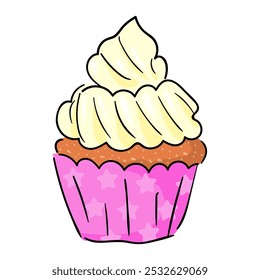 Cupcake con crema de leche, papel. Muffin postre, comida dulce. Panadería, cocina, fiesta de té. Cupcake de Vector plano de doodle dibujado a mano.