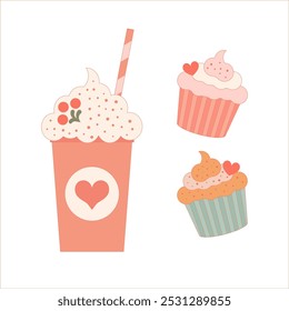 Cupcake y Milkshake con motivo de corazón. Un lindo juego de cupcakes y un batido decorado con corazones y crema batida en suaves colores pastel. Ilustración vectorial