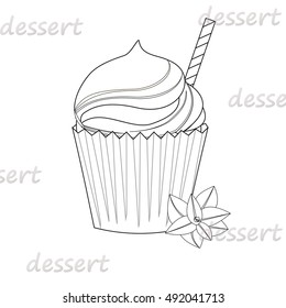 Cupcake and mint isolated. Vector illustration in black and white style.