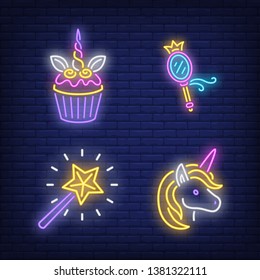 Cupcake, mirror, magic wand and unicorn neon signs set. Fairy tale, magic, childhood design. Night bright neon sign, colorful billboard, light banner. Vector illustration in neon style.