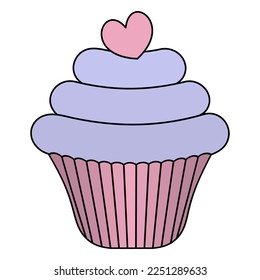 Cupcake in a mold. Dessert decoration made from a cute pink heart. Color vector illustration. Cake. Romantic treat. Cartoon style. Isolated background. Valentine's day. Idea for web design, menus