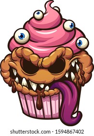 Cupcake monster with evil smile cartoon clip art. Vector illustration with simple gradients. All on a single layer.
