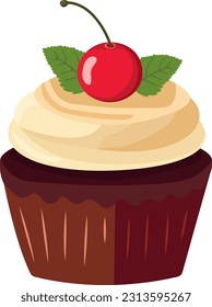 cupcake, muffin, cake, dessert, chocolate biscuit and vanilla cream with cherry, mint, vector illustration