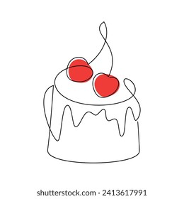 Torta de bifón de tarta con vector de cereza roja. Dibujo continuo de línea. Ilustración dibujada a mano. Icono de postre lineal. Resumen impreso, banner, tarjeta, folleto, logo de la panadería, símbolo de café, menú.