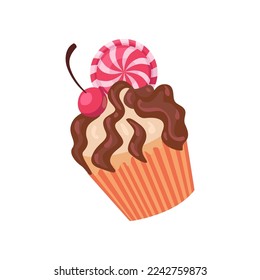 Cupcake or muffin with chocolate and candy vector illustration. Drawing of little cake with berry and frosting isolated on white background. Holiday, dessert, decoration concept