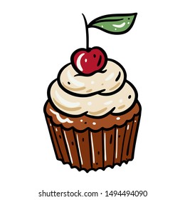 Cupcake or  muffin chocolate with cherry hand drawn vector illustration. Isolated on white background.