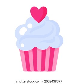 Cupcake or muffin with cream and heart. Wedding and valentine day concept. Vector cartoon isolated illustration.