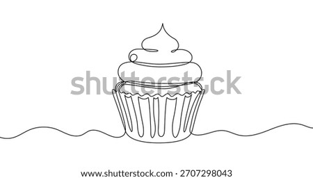 Cupcake or muffin with cream in one line art style. Drawing of a dessert with editable black stroke on a white background. Vector illustration.