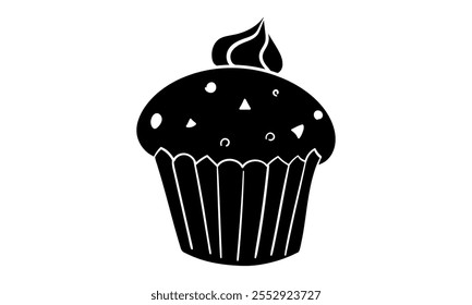 Cupcake o muffin con glaseado en la Ilustración vectorial de silueta de vista lateral superior. Aislado en el fondo blanco