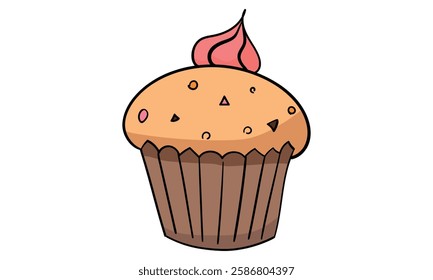 Cupcake or muffin with frosting on top side view colored doodle vector illustration. Isolated on white background