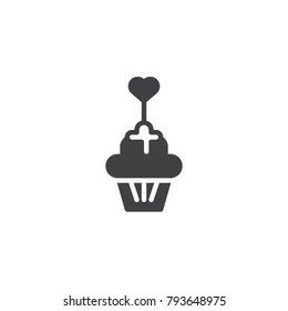 Cupcake muffin with heart icon vector, filled flat sign, solid pictogram isolated on white.  Valentines day dessert symbol, logo illustration.