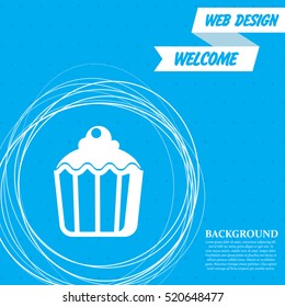 cupcake, muffin icon on a blue background with abstract circles around and place for your text. Vector illustration