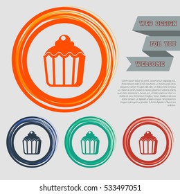cupcake, muffin icon on the red, blue, green, orange buttons for your website and design with space text. Vector illustration