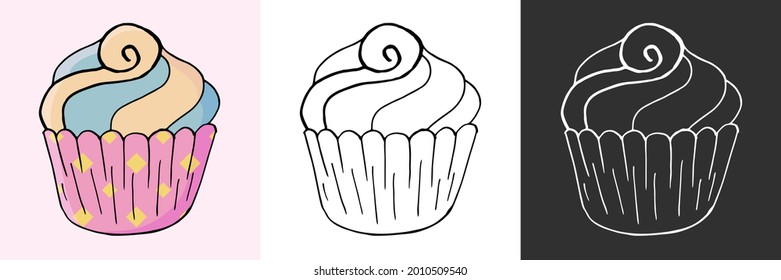 Cupcake, muffin icons in hand draw style. Icon set. Sweet pastries, cute multicolored set. Muffin. Icon, sticker, pin